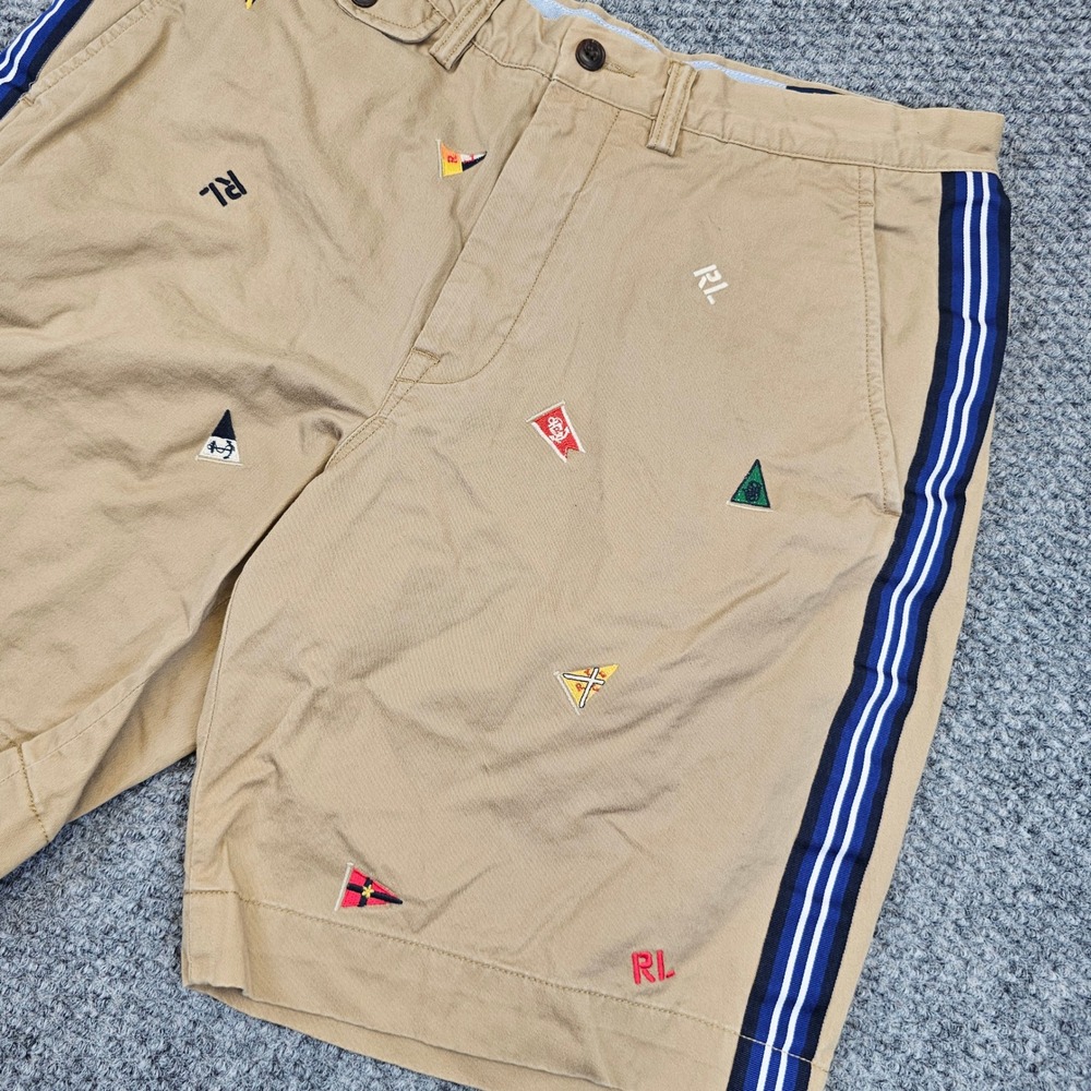 Polo Ralph Lauren Mens 32 Tan Nautical Flag Embroidered Chino Shorts Side Stripe